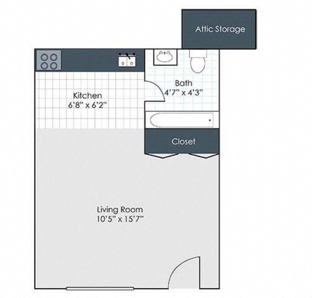 Floor plan for studio, 1 bath, 288 sqft